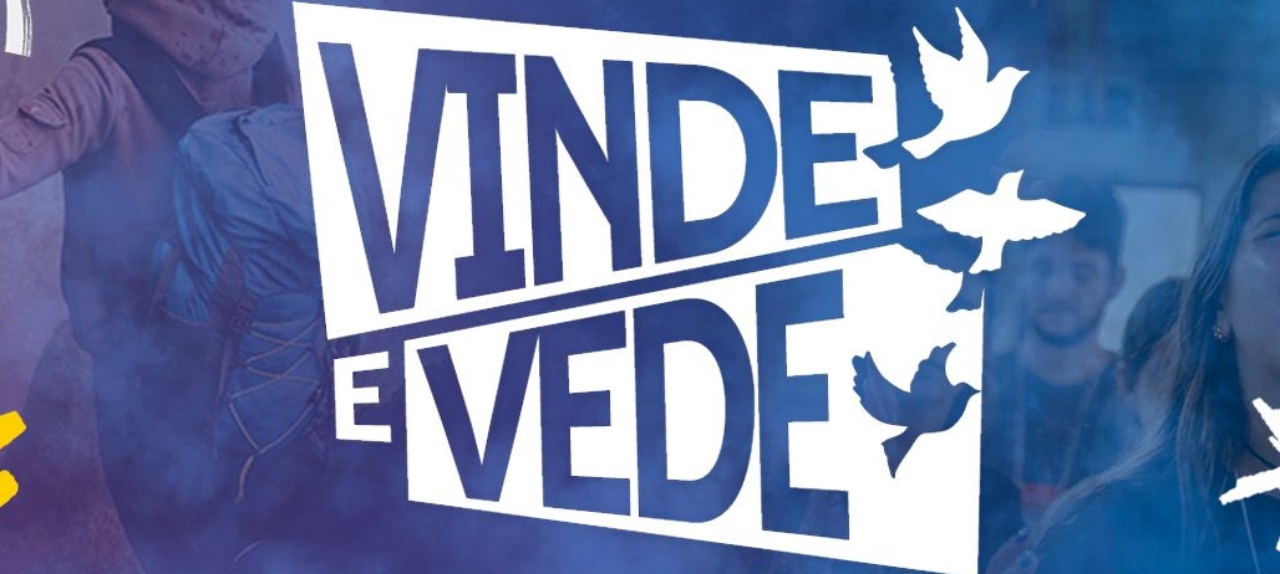 Vinde e Vede: identidade do projeto em azul, com pombas brancas